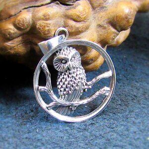 Solid 925 Sterling Silver Owl Perched on Branches Pendant - Nature Jewelry